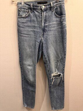 J Brand Nico High Rise Slim Fit Jeans Distressed Ripped Knee Denim Blue